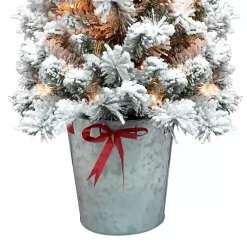 Clearance 4 ft. Pre-Lit Flocked Pine Tree in Metal Pot Christmas Arrangements & Garland