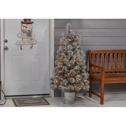Online 4.5 ft. Pre-Lit Flocked Potted Pine Christmas Tree Christmas Trees
