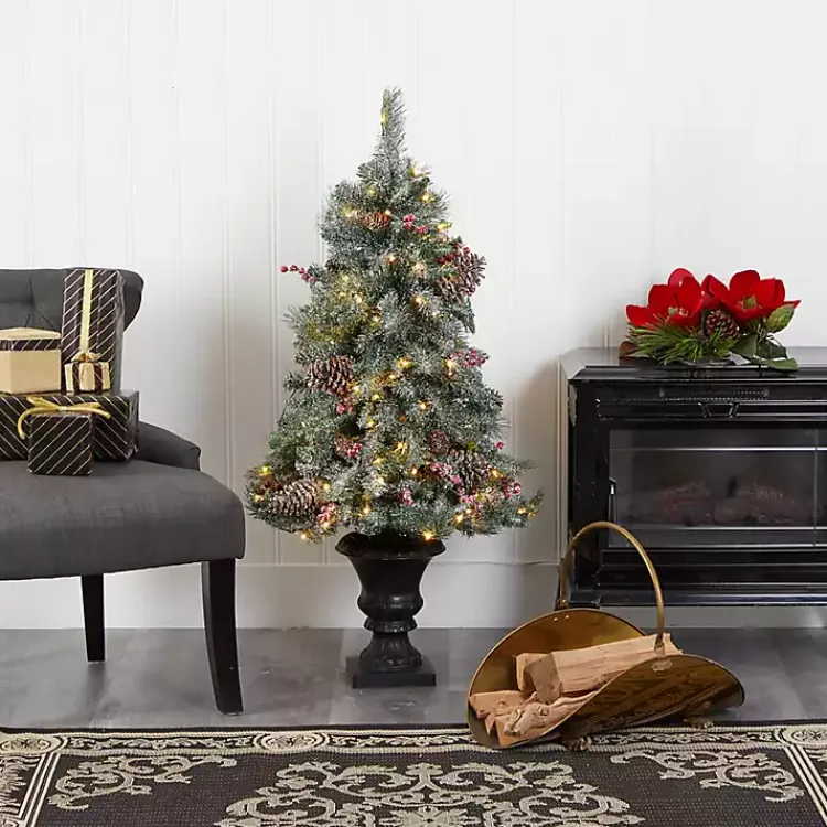 Outlet 4 ft. Pre-Lit Frosted Berry and Pine Tree in Urn Christmas Trees