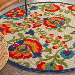 Kirklands Home Outdoor Rugs|Abstract Floral Outdoor Round Area Rug, 5 ft. Multi