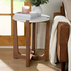 Kirklands Home Accent & End Tables|Allen Wood and Marble Round Side Table White