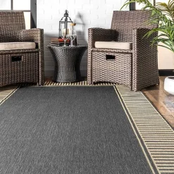 Kirklands Home Outdoor Rugs|Asia Gray Stripe Border Outdoor Rug, 5x8