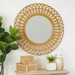 Kirklands Home Decorative Mirrors|Bamboo Round Overlay Floral Frame Wall Mirror