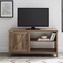 Kirklands Home Tv Stands & Media Consoles|Barn Door Rustic Oak TV Stand with Open Shelves Brown