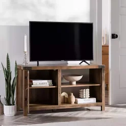 Kirklands Home Tv Stands & Media Consoles|Barn Door Rustic Oak TV Stand with Open Shelves Brown
