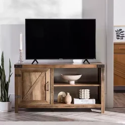 Kirklands Home Tv Stands & Media Consoles|Barn Door Rustic Oak TV Stand with Open Shelves Brown