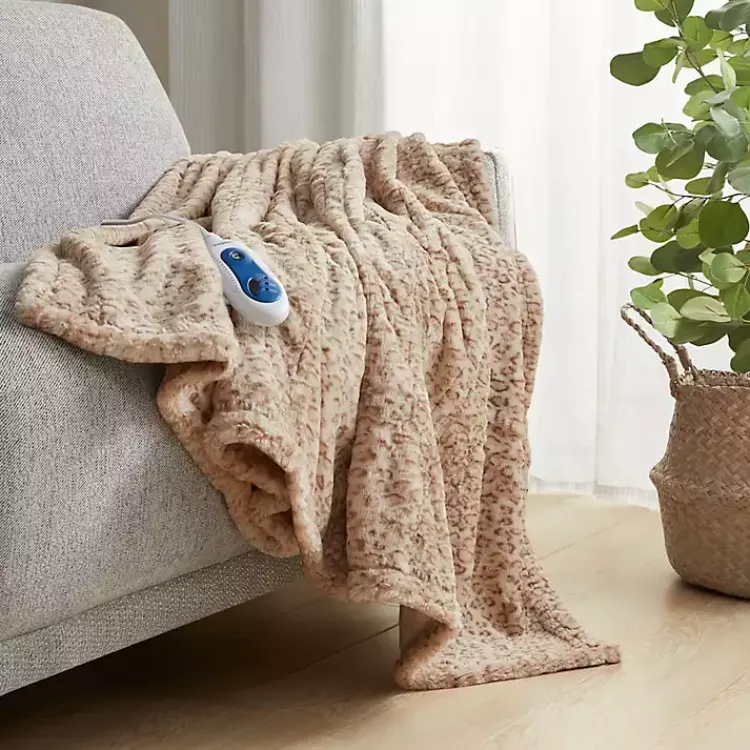 New Beautyrest Leopard Faux Fur Oversized Heated Throw Blankets & Throws