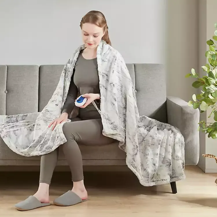 New Beautyrest Marble Faux Fur Oversized Heated Throw Blankets & Throws