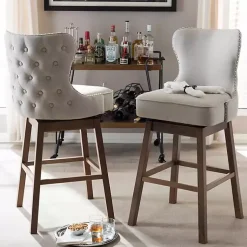 Kirklands Home Bar Stools & Counter Height Stools|Beige Button Tufted Swivel Bar Stools, Set of 2 Ivory