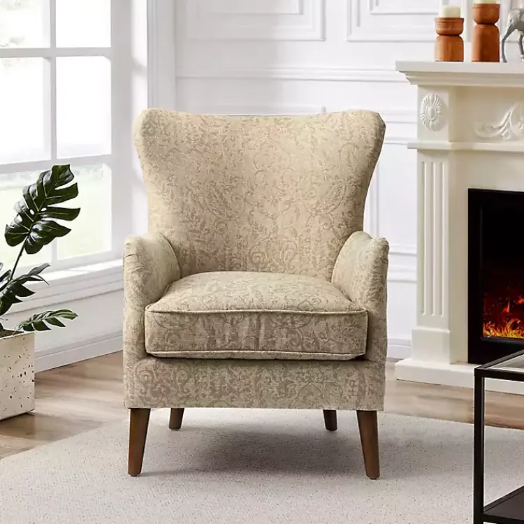 Kirklands Home Accent Chairs|Beige Floral Damask Wingback Accent Chair Tan