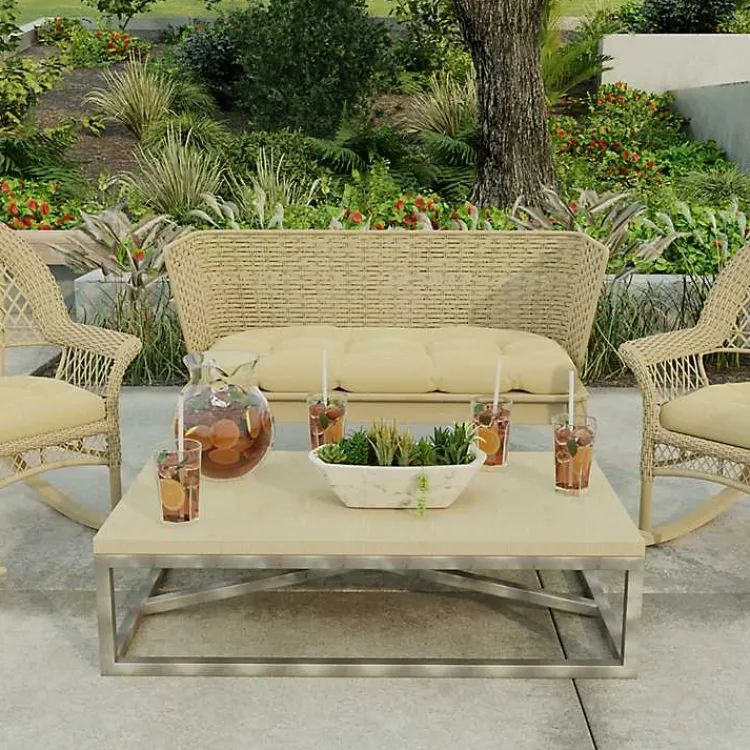 Kirklands Home Outdoor Cushions & Pillows|Beige French Edge Outdoor Wicker Settee Cushion Tan