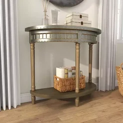 Kirklands Home Console Tables|Beige Wood and Metal Half Moon Console Table Tan
