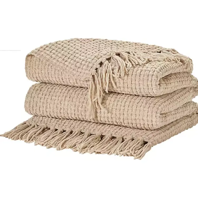 Clearance Beige Woven Waffle Knit Chenille Throw Blankets & Throws