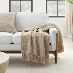 Clearance Beige Woven Waffle Knit Chenille Throw Blankets & Throws