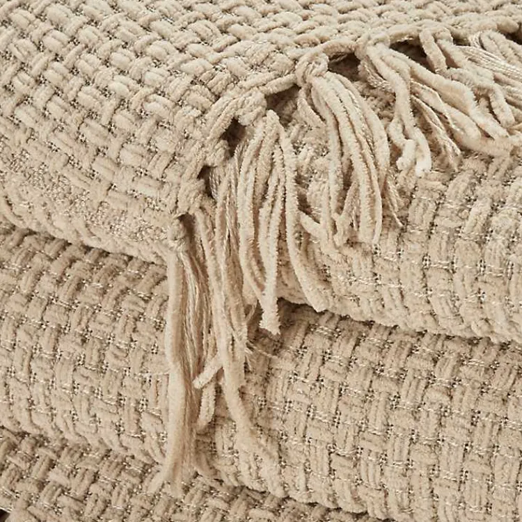 Clearance Beige Woven Waffle Knit Chenille Throw Blankets & Throws