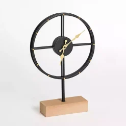Black and Gold Metal Clock with Wooden Base Decorative Accents