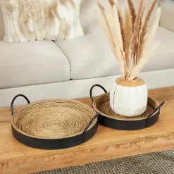 New Black and Natural Wood Decorative Trays, Set of 2 Decorative Trays