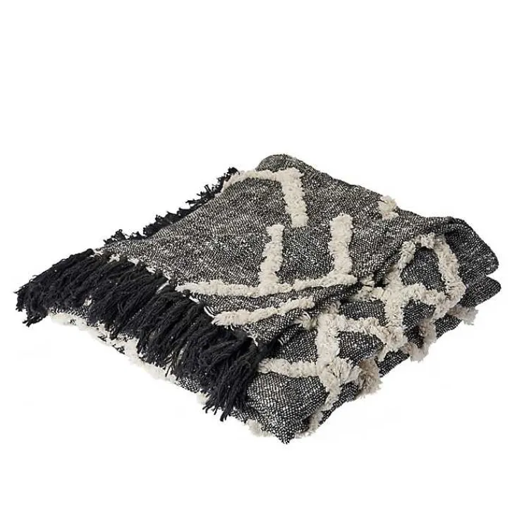 Clearance Black and White Cotton Geometric Tufted Throw Blankets & Throws