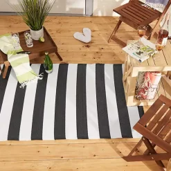 Kirklands Home Outdoor Rugs|Black and White Rugby Stripe Outdoor Area Rug, 5x8