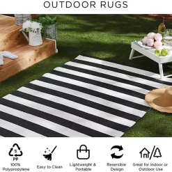 Kirklands Home Outdoor Rugs|Black and White Rugby Stripe Outdoor Area Rug, 5x8