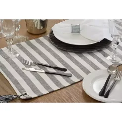 Kirklands Home Table Linens|Black and White Rustic Stripe Tassel Table Runner