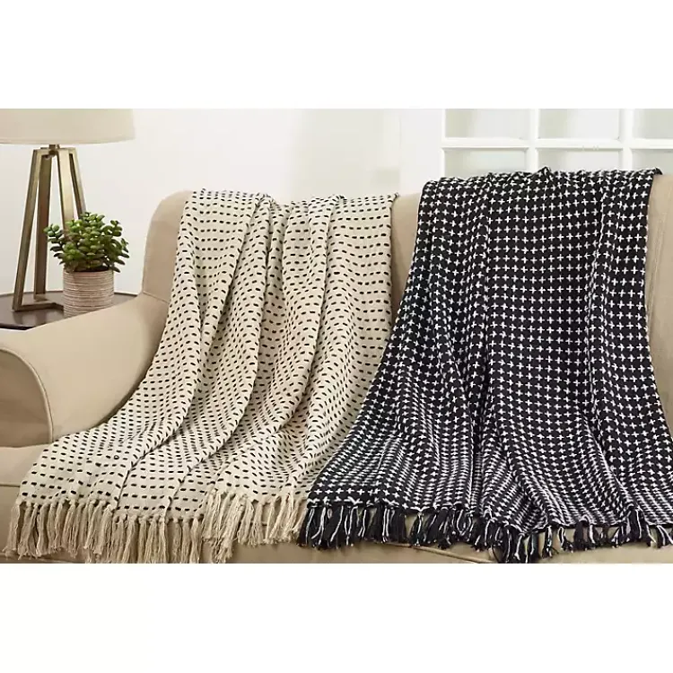 Outlet Black and White Stitched Cotton Throw Blankets & Throws