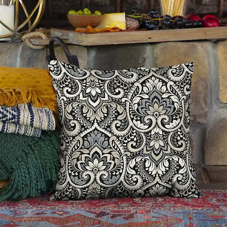 Kirklands Home Outdoor Cushions & Pillows|Aurora Damask Outdoor Pillow Black