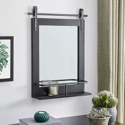 Kirklands Home Decorative Mirrors|Barn Door Wall Mirror with Shelf Black