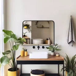 Kirklands Home Decorative Mirrors|Black Brown Metal Shelf Horizontal Wall Mirror