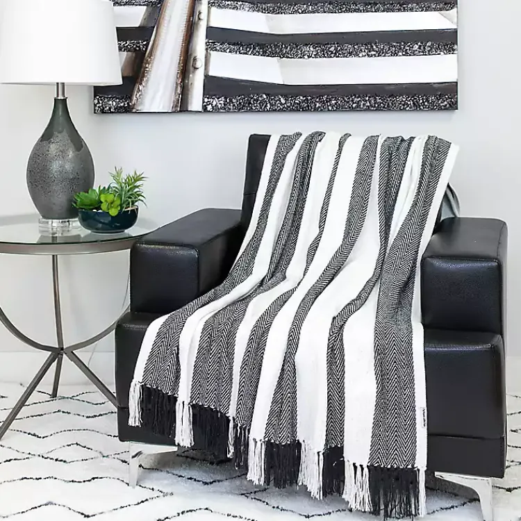New Black Chalet Striped Fringe Throw Blankets & Throws