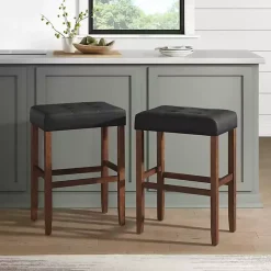 Kirklands Home Bar Stools & Counter Height Stools|Black Faux Leather Madison Walnut Stool Bar