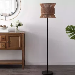 Kirklands Home Floor Lamps|Black Floor Lamp with Natural Woven Shade Brown
