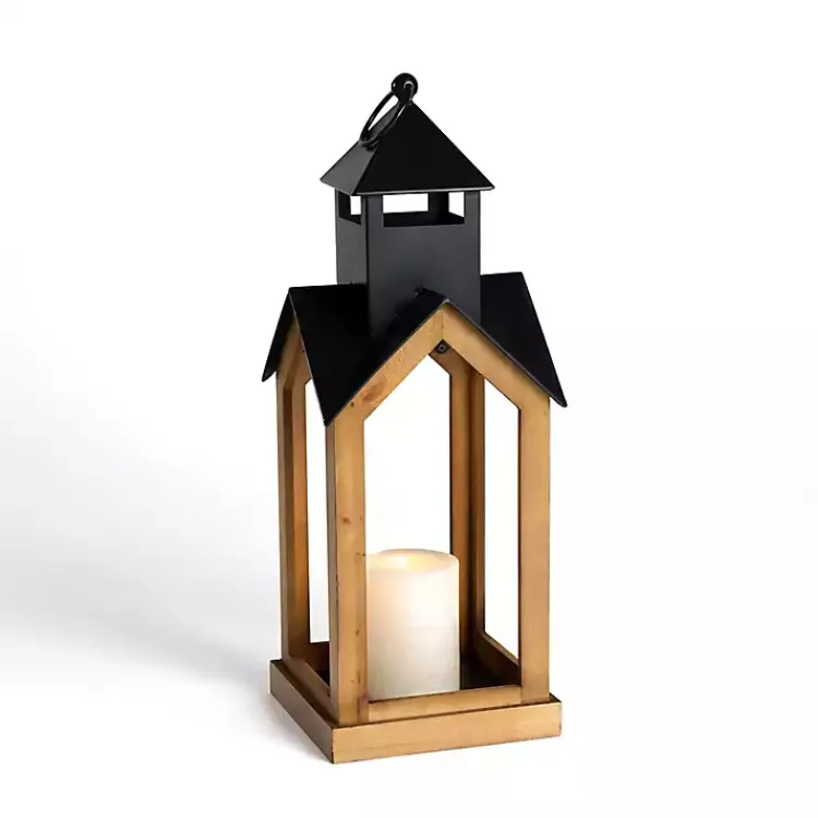 Black Metal & Natural Wood Steeple Lantern, 24 in. Lanterns