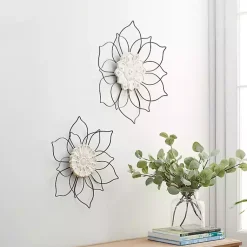 Kirklands Home Wall Plaques|Black Metal and Wood Floral Wall Plaques, Set of 2