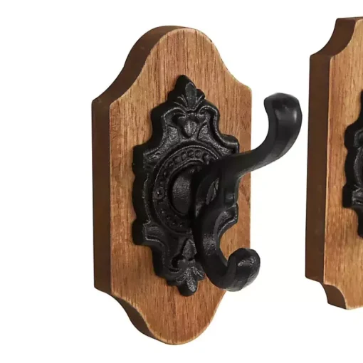 Kirklands Home Hooks|Black Metal and Wood Wall Hooks, Set of 3