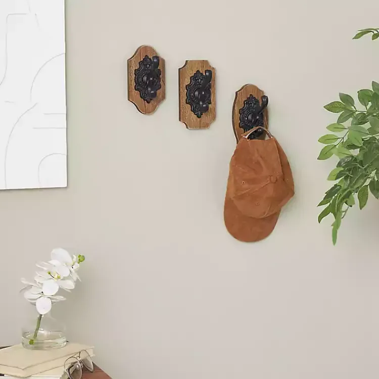 Kirklands Home Hooks|Black Metal and Wood Wall Hooks, Set of 3