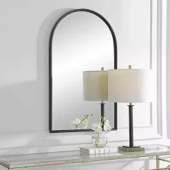 Kirklands Home Decorative Mirrors|Black Metal Arch Frame Wall Mirror
