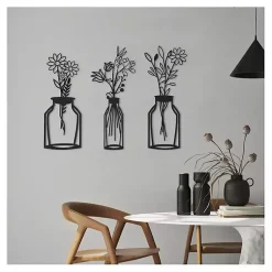 Kirklands Home Wall Plaques|Metal Floral Vase Wall Plaques, Set of 3 Black