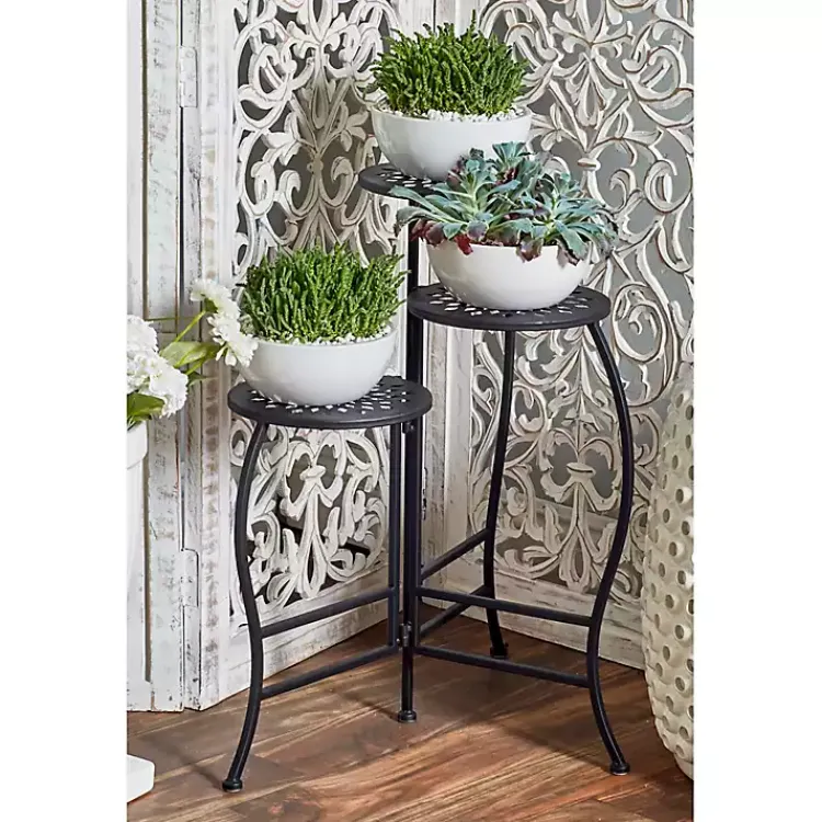 Kirklands Home Planters|Metal Medallion 3-Tier Folding Plant Stand Black