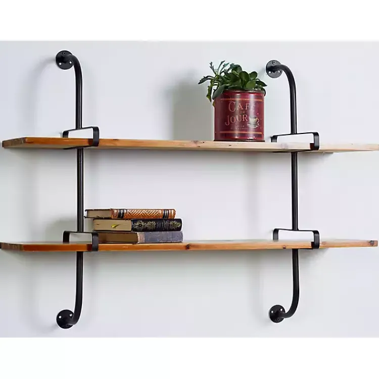 Kirklands Home Shelves|Black Metal Pipe Two-Tier Wall Mounted Shelf