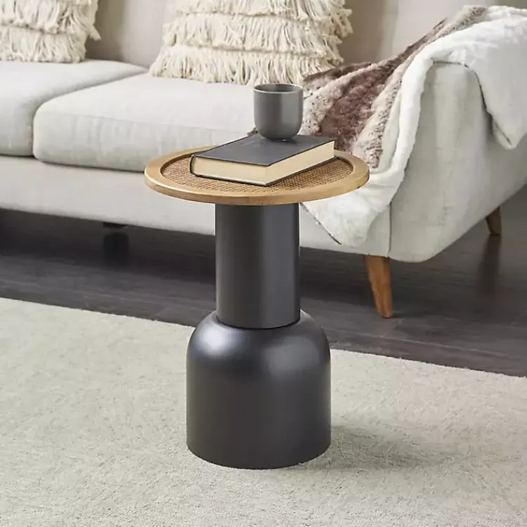 Kirklands Home Accent & End Tables|Black Metal Rattan Pedestal Accent Table, 16 in. Brown