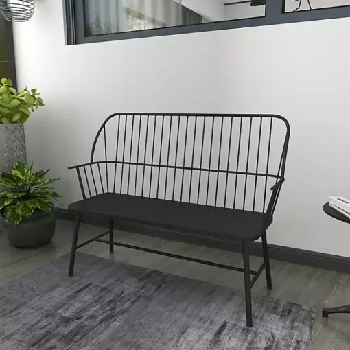Kirklands Home Outdoor Seating|Metal Slatted Back Outdoor Bench Black