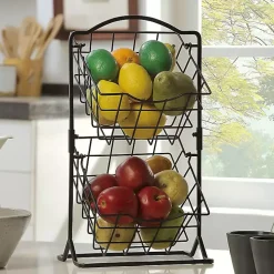 Kirklands Home Kitchen Storage|Metal Wire 2-Tier Square Kitchen Basket Black