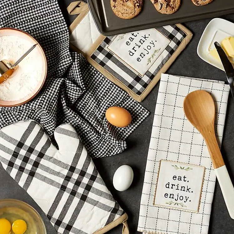 Kirklands Home Kitchen Accessories|Black Plaid Eat Drink Enjoy 4-pc. Dish Towel Set