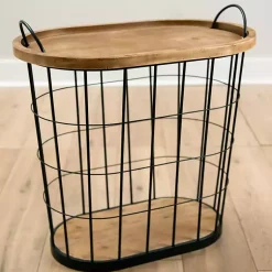 Kirklands Home Accent & End Tables|Wire and Natural Wood Basket Side Table Black