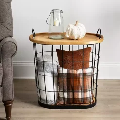 Kirklands Home Accent & End Tables|Wire and Natural Wood Basket Side Table Black