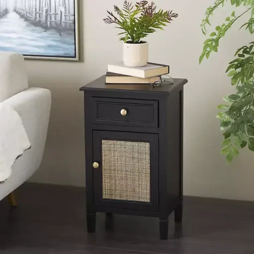 Kirklands Home Cabinets & Sideboards|Wood & Natural Rattan Small Cabinet Black
