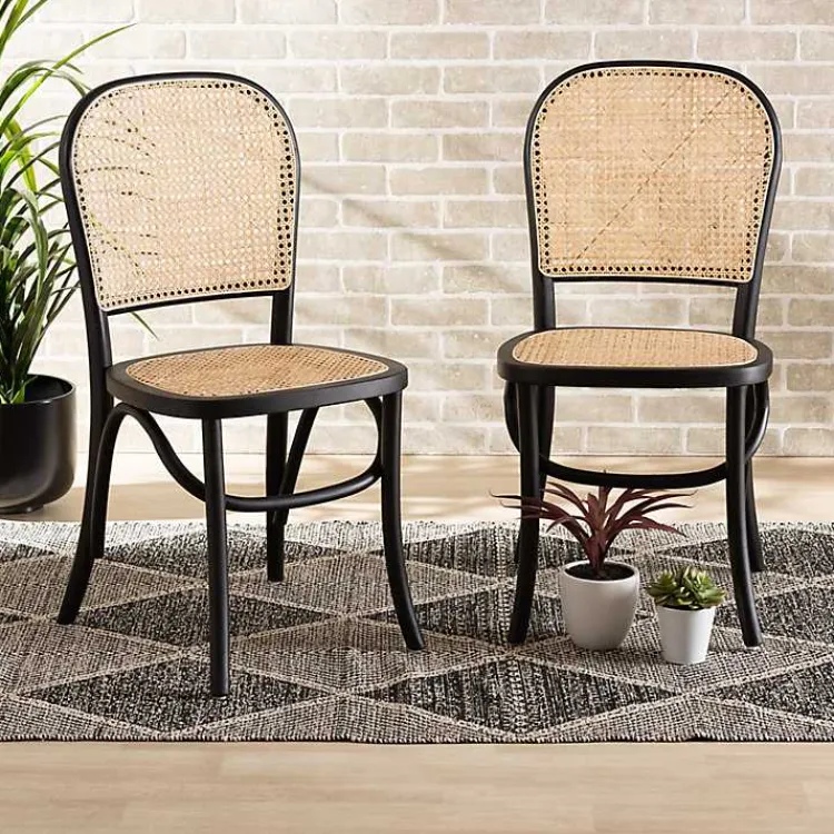 Kirklands Home Dining Chairs|Black Wood & Rattan Bree Dining Chairs, Set of 2