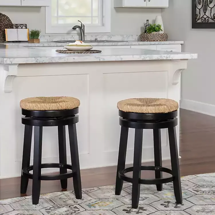 Kirklands Home Bar Stools & Counter Height Stools|Black Wood Seagrass Seat Swivel Counter Stool Tan