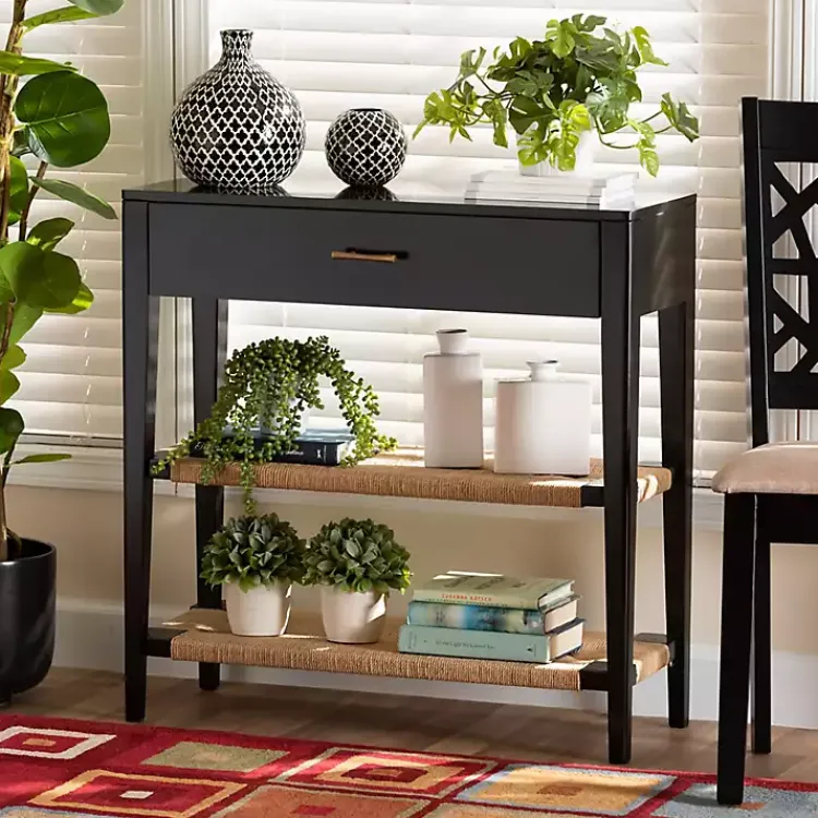 Kirklands Home Console Tables|Wood Woven Shelves Console Table Black